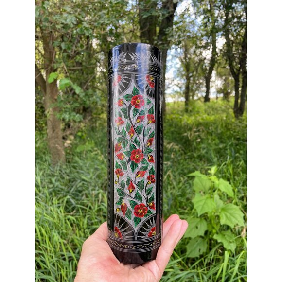 Vintage Pair Black Lacquer Wood Vases Red Etched Flowers 10" - Picture 4 of 16